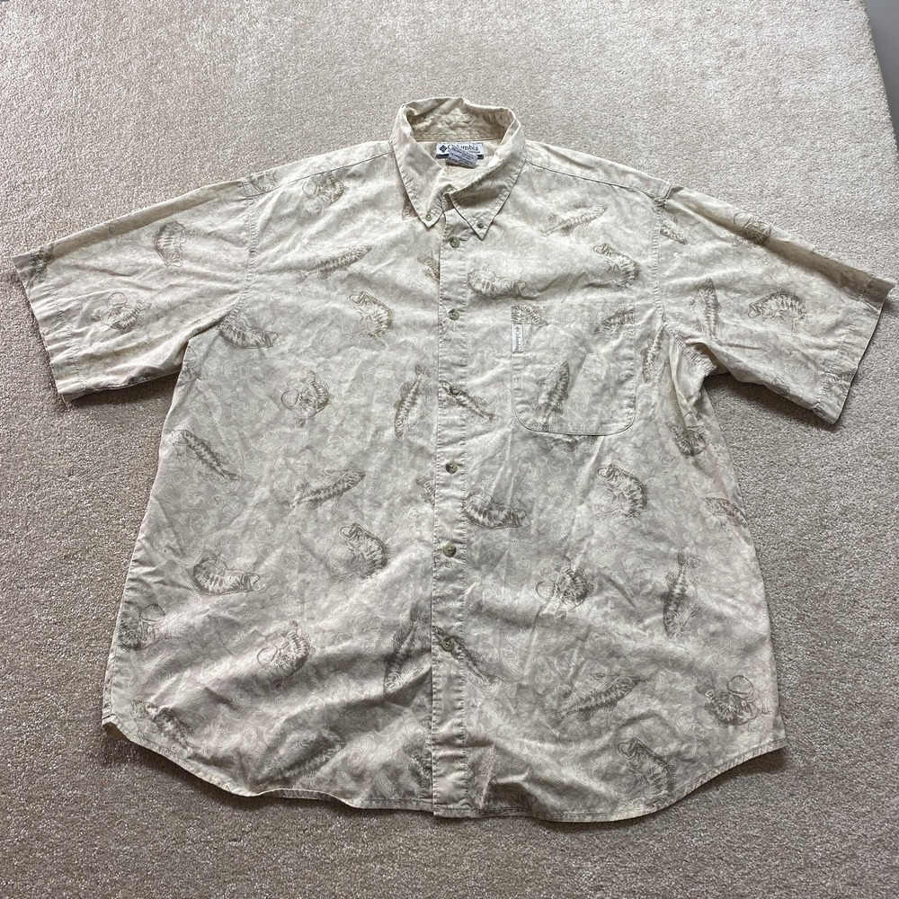 Columbia Shirt Mens 2XL Beige Fish Print Button Up Short Sleeve Outdoors Cotton